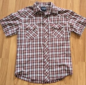 Wrangler Western Wear Pearl snap red and white plaid short sleeve shirt. Size S.